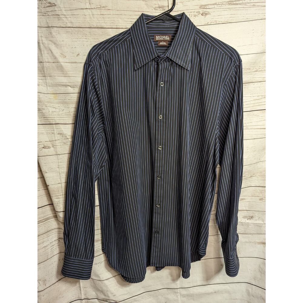 M Michael Kors Size L Mens Button Down Shirt Long Sleeve Black Blue Stripe